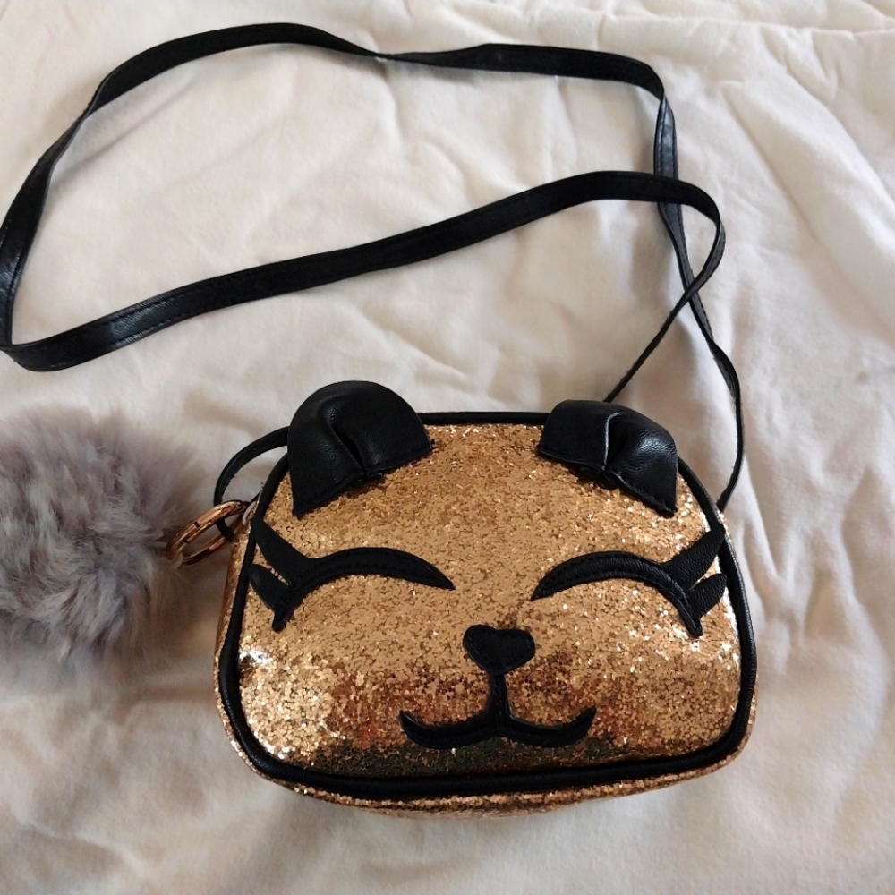 Gold Glitter Cat Face Crossbody Bag